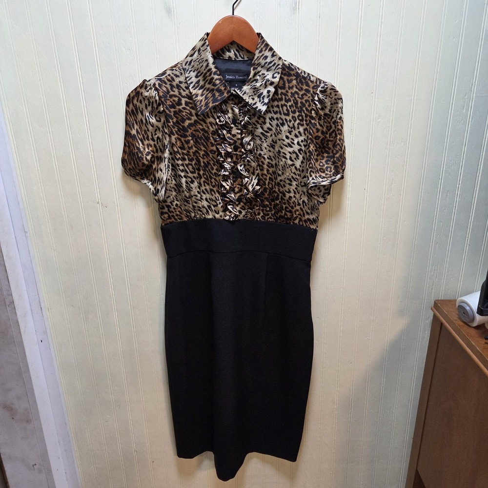 Jessica Howard Dress Womens 6 Black Leopard Short Sleeve Collared Sheath Knee